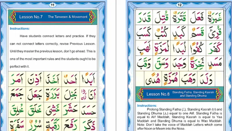 A page from a Basic Qaida book showing Lesson 7 on Tanween and Lesson 8 on Standing Fatha, used for learning to read the Quran.