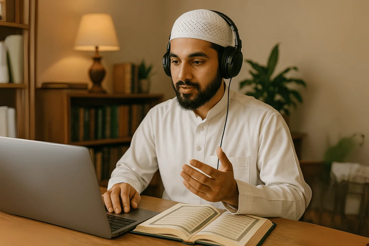 An expert Quran tutor giving a one-on-one online lesson.