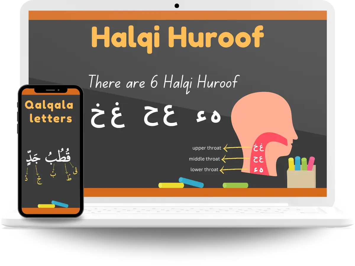 An illustrated guide to the Halqi Huroof (throat letters) for proper Tajweed in online Quran recitation.