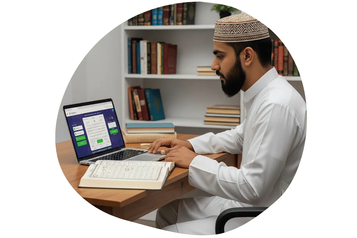 A man wearing a taqiyah cap takes an online Quran class for adults on his laptop, with a physical Quran open for reference on the desk.