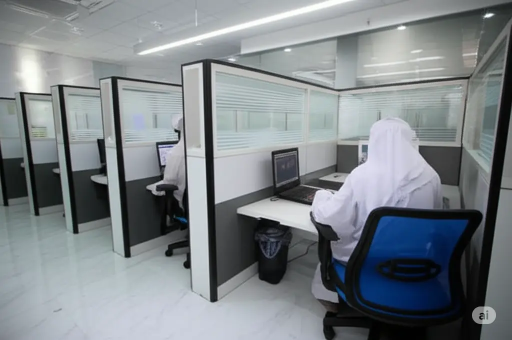 Male Quran teachers in traditional thobes sitting in individual cubicles, teaching online classes to students using laptops.